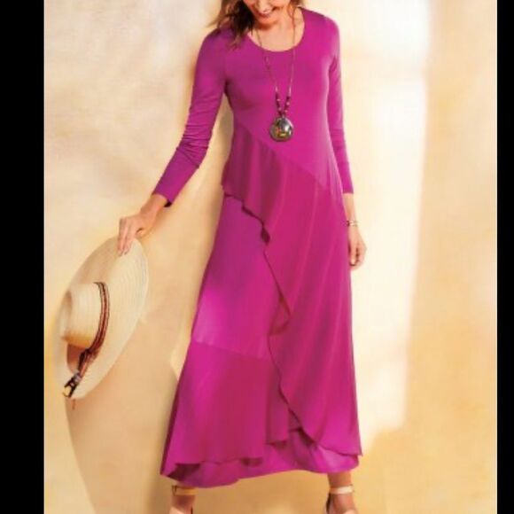 Soft Surroundings Pink Maxi Dress Haylee Asymmetrical Chiffon Trim Size M - Picture 1 of 7